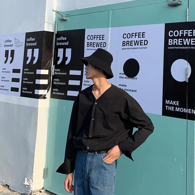

Men's Casual Shirts Men Long Sleeve V-neck Loose Black White Shirt Male Japan Style Vintage Hip Hop Fashion Dress, White;black