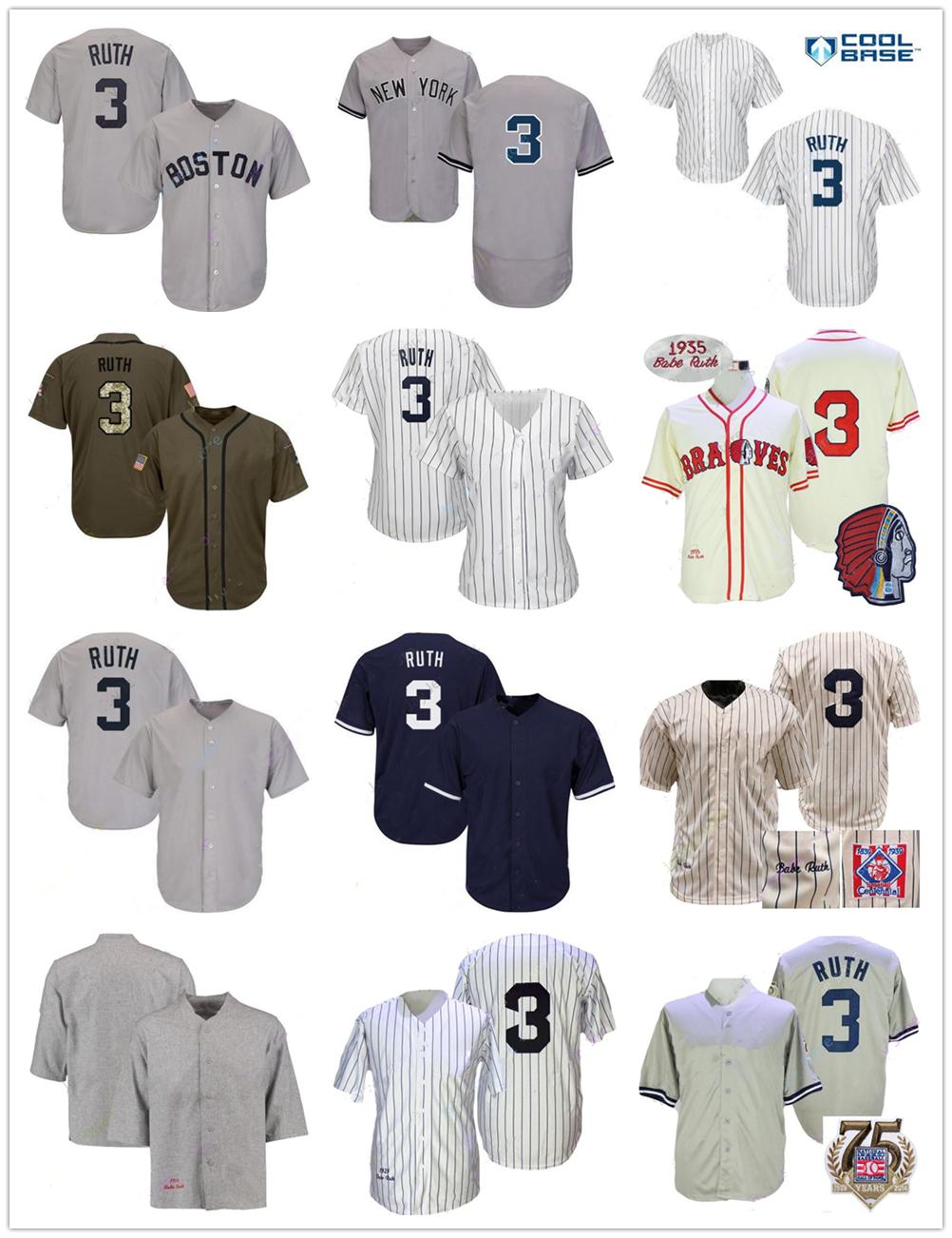 

Babe Ruth baseball Jersey Retro Vintage 1914 1929 Grey Pinstripe Cooperstown 1935 Cream Pinstripe Hall Of Fame 75th mens women youth white, As pics