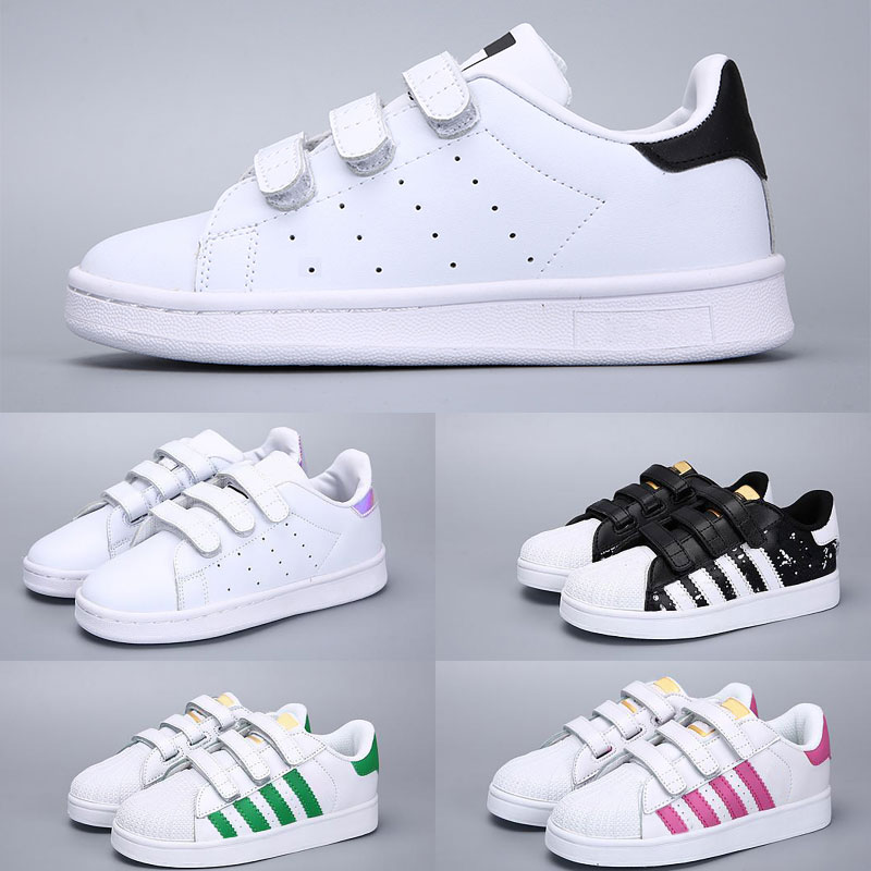 

2019 Kids Super Star White Hologram Iridescent Junior Superstars 80s Pride Child Boys Girls Trainers Superstar Casual Shoes Size 24-35, Color 10