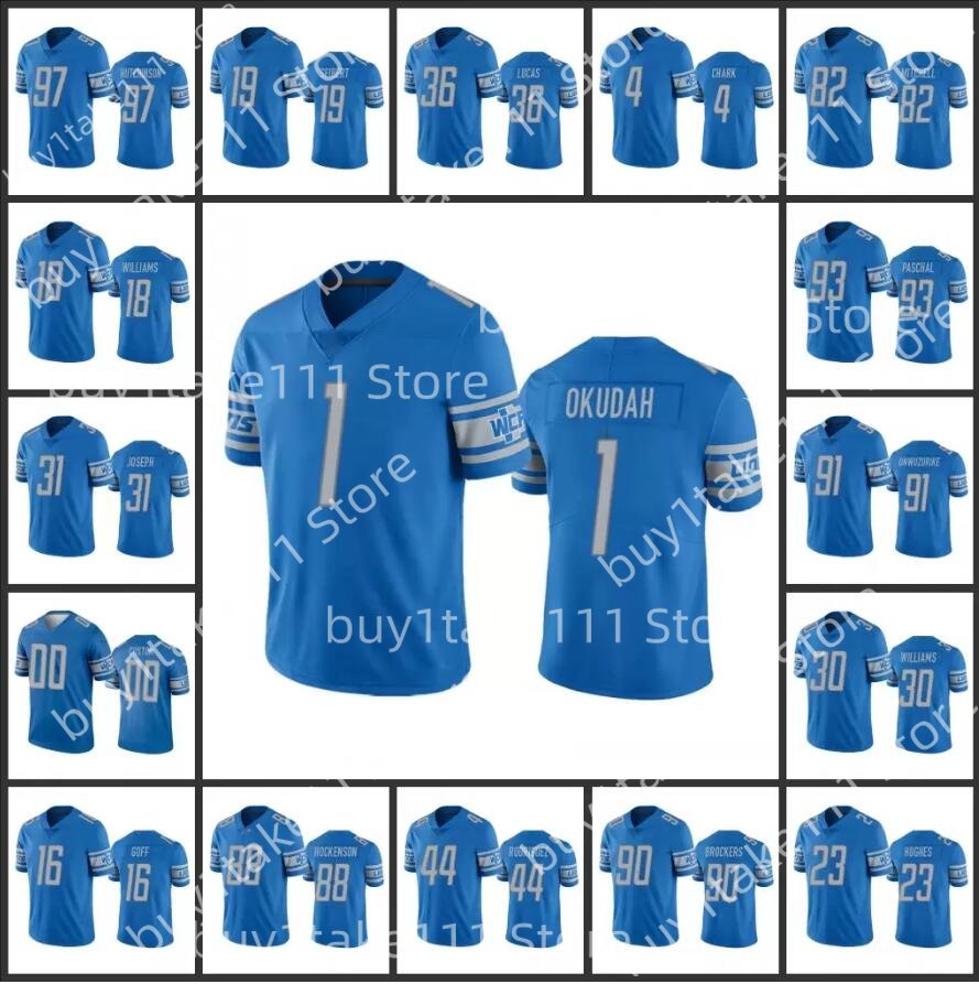 

Jersey Detroit''Lions''Men #97 Aidan Hutchinson 88 T.J. Hockenson 19 Austin Seibert 16 Jared Goff Women Youth Custom Light Blue Vapor, Custom men (xiongshi)