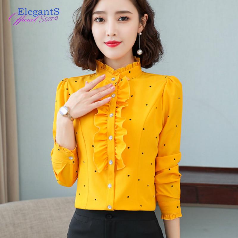 

Women' Blouses & Shirts Fashion Mandarin Collar Ruffles Polka Dot And Tops Women Long Sleeve Casual Shirt Female 2022 Autumn Plus Size Clot, White