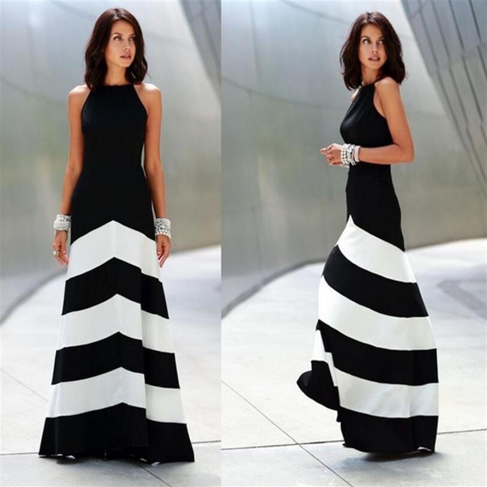 

2018 Summer Fashion Women Maxi Dress Sexy Halter Backless Off Shoulder Evening Party Dresses Black White Striped Long Dress295B, Multi