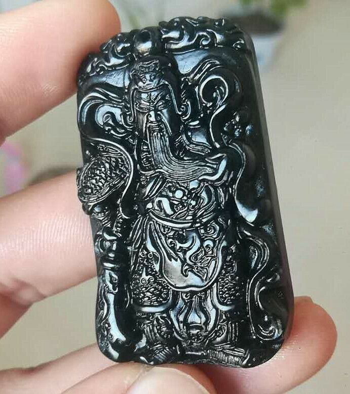 Jewelry Pendant Guan Yu jadeite 100% Natural Fine black green jade statue stone-image-760265252