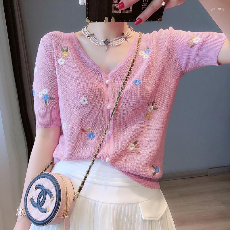 

Women's Sweaters Floral Embroidery Thin Knitted Cardigans Sweater Summer Women Korean Fashion V-neck Short Sleeve Single-breasted Ice Silk T, Green