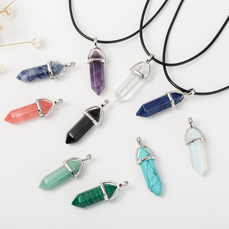 

Real Raw Gem Pink Purple Crystal Pendant Hexagonal Bullet Reiki Point Chakra Natural Stone Pendant Necklace Women Jewelry