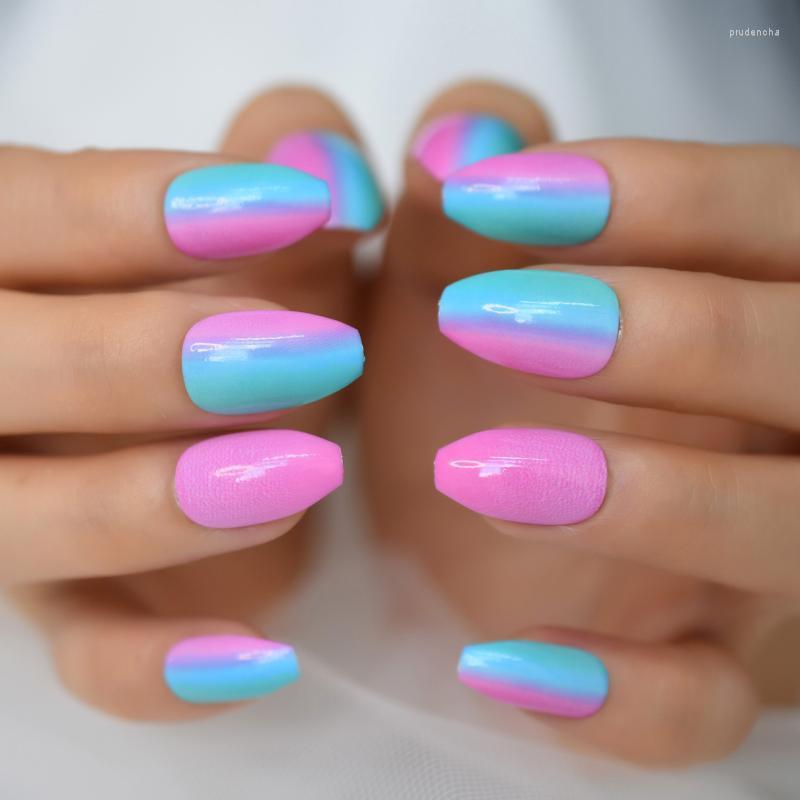 

False Nails 24pcs Rainbow Candy Pigment Detachable Short Ballerina With Design Coffin Fake Press On Nail Tips Prud22, L5798