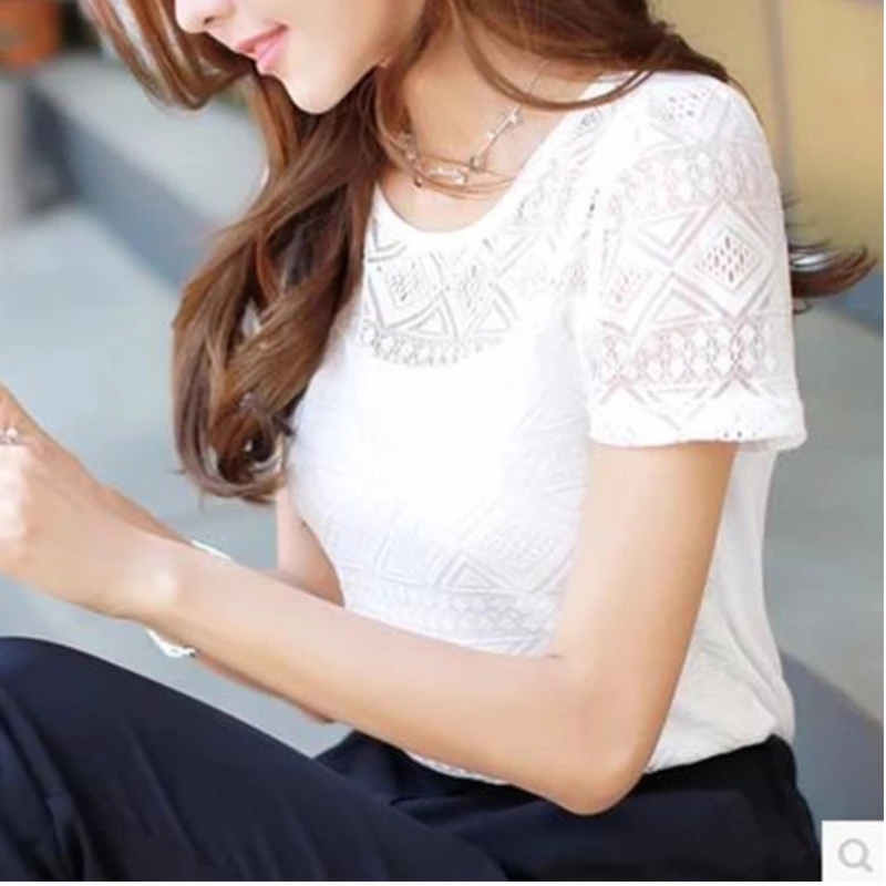 

Blouses Shirts For Women White Lace Short Sleeve Plus Size Hollow Out Tops Shirt