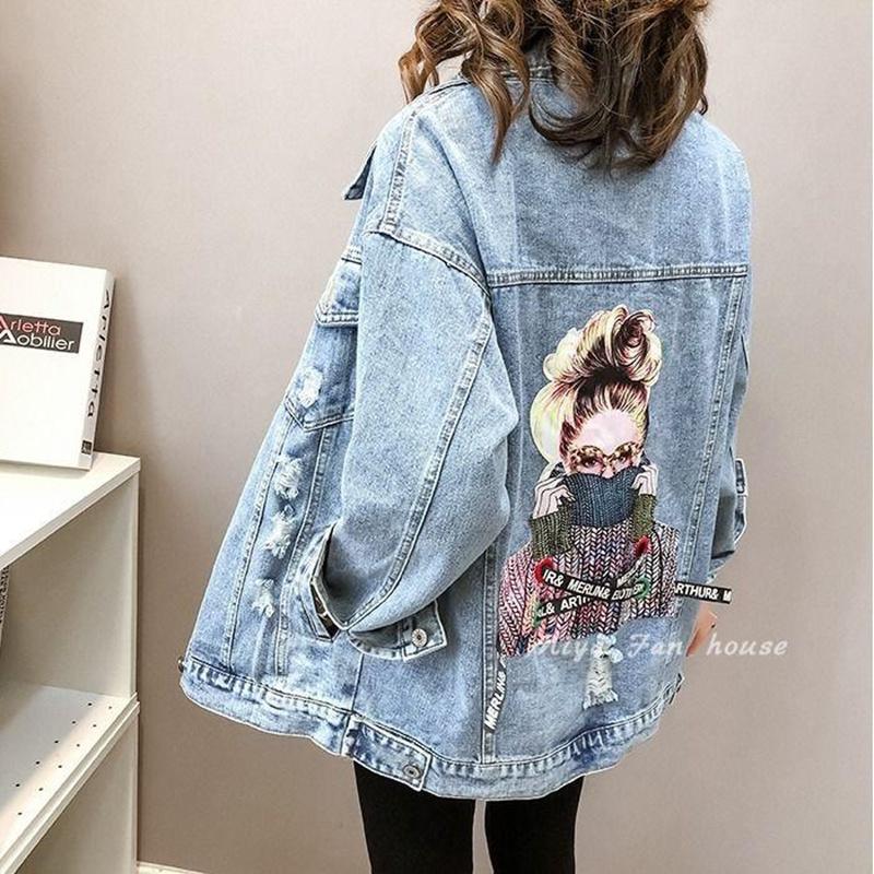 Women's Jackets Spring Autumn Fashion Women Denim Jacket Female Loose Cowboy Coat Beaded Printed Girl Jean OutwearWomen's