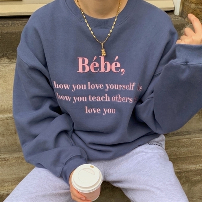 

Korean Chic O Neck Letter Embroidery Sweatshirt Design Loose Long Sleeve All Match Casual Pullover Soft Autumn Hoodies 220406, Gray