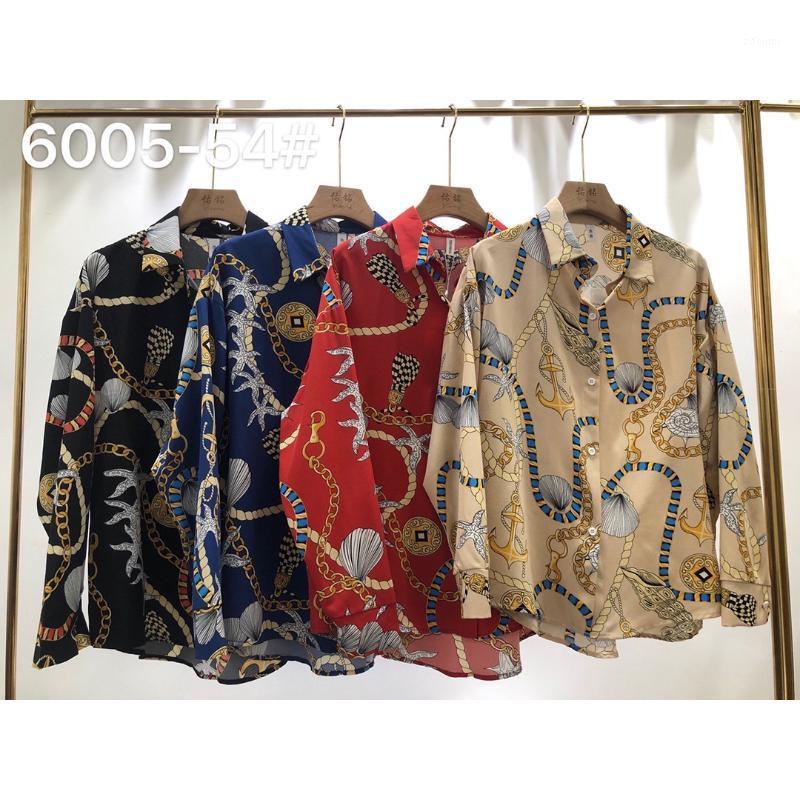 

Women's Blouses & Shirts YOMING Can Retail Printing Casual Loose Thin Chiffon Long Sleeve Ladies Shirt, Blue