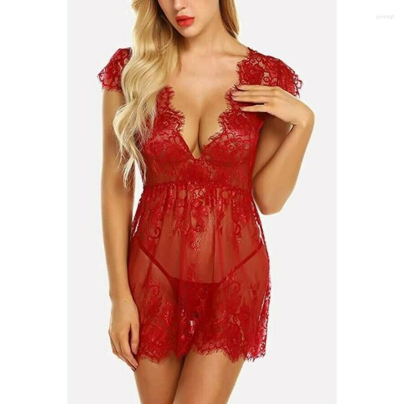 

Bras Sets 2Pcs/Set Women Sexy Exotic Deep V-neck Lace Babydoll Sleepwear G-String See Through Gightgowns Sleepshirts Underwear, Black