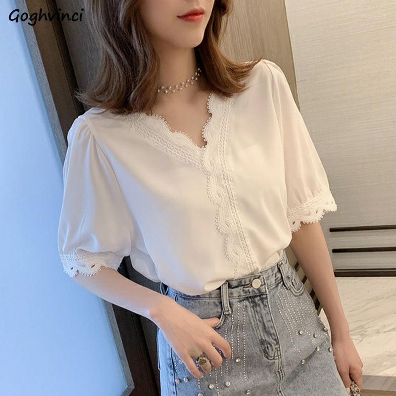 

Women' Blouses & Shirts Women Tender Lace Sweet Elegant Korean Style Solid Office Female V-neck Sexy Vacation Stylish Camisas Mujer Chic Co, White