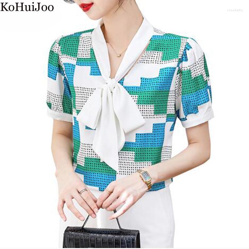 

Women's Blouses & Shirts KoHuiJoo Summer Sweet Women Short Sleeve Bow Blouse Woman Korean Formal OL Chiffon Tops Elegant Shirt Color Contras, Green