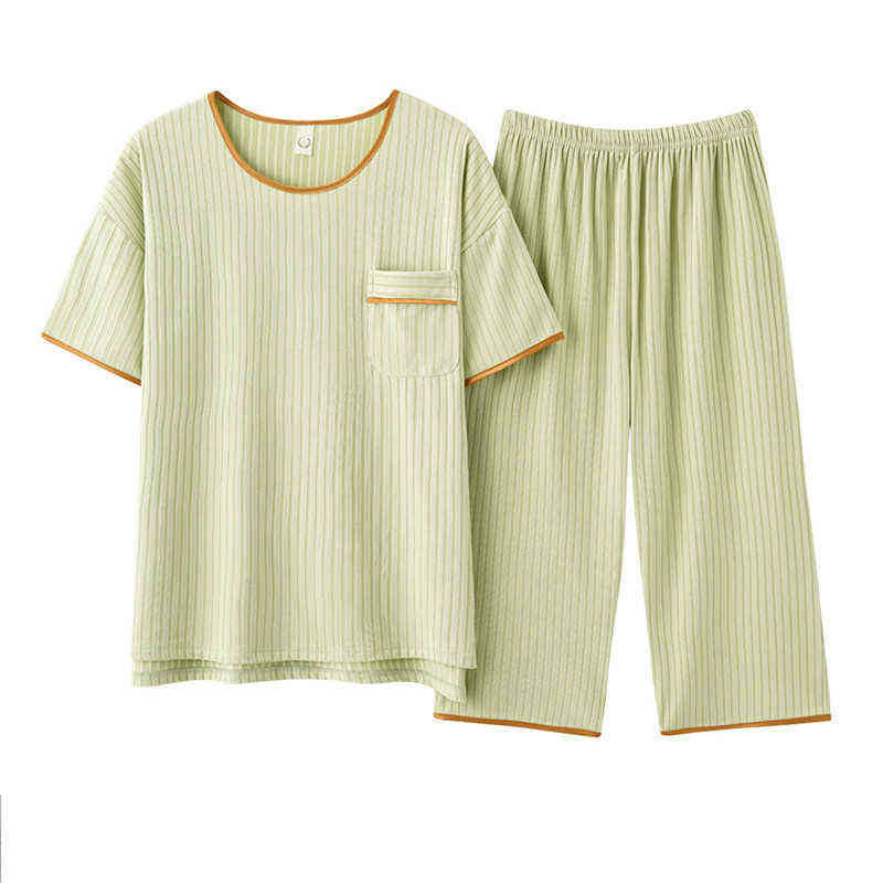 

Fdlak Large Size Cotton Pyjamas For Women Short Sleeve Cropped Pants Two Piece Set Spring Summer Nightwear Suit Pijama jer J220730, Brown