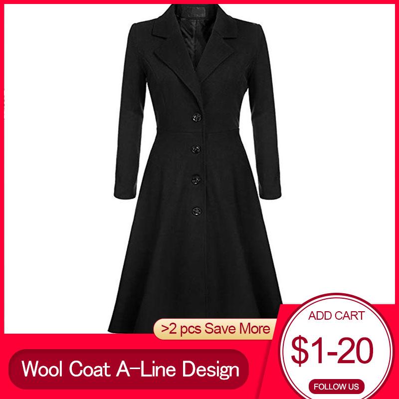 

Women' Trench Coats Women Winter Wool Coat Oversized Warm Casual Office Ladies Long Pleated Button Autumn Retro Female OvercoatsWomen, Black