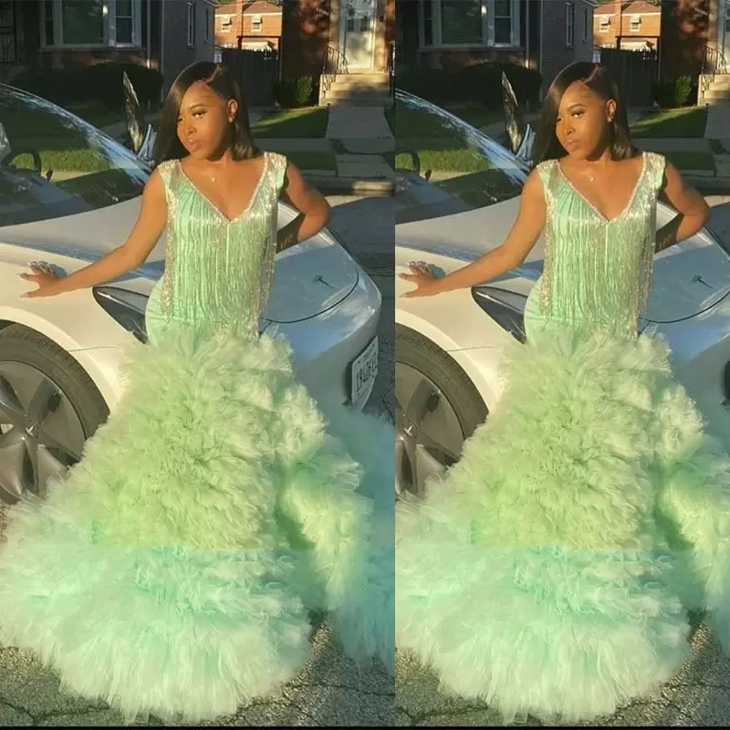 

2022 Light Green Prom Dresses V Neck Tulle Beaded Floor Length Tiered Rufllles Sleeveless Evening Formal Wear Cocktail Party Gowns Vestidos Custom Made Plus Size, Blue