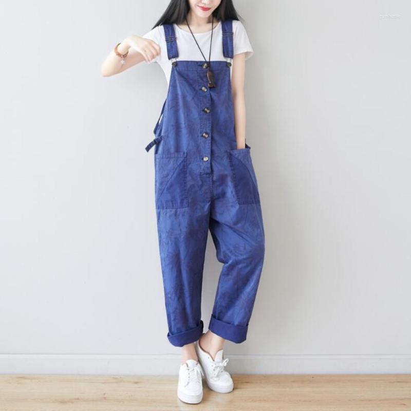 

Women's Jumpsuits & Rompers Summer Single-breasted Stitching Pocket Ladies Denim Jumpsuit Korean Version Retro Printing Low Crotch JeansWome, Blue