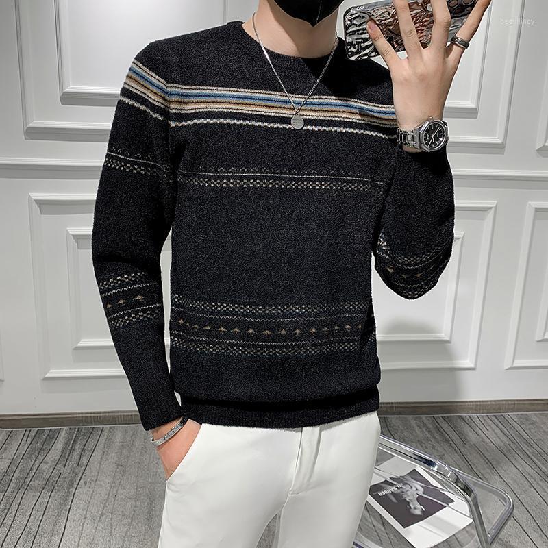 

Men's Sweaters Fashion Striped Sweater Autumn Winter Round Neck Pullover Casual Slim Knitted Bottom Shirt Male Clothing Begu22, Black