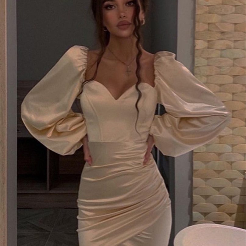 

Dulzura Solid Women Satin Lantern Sleeve Mini Dress Slit Ruched Bodycon Sexy Party Elegant Streetwear Club Spring Summer 220506, Apricot