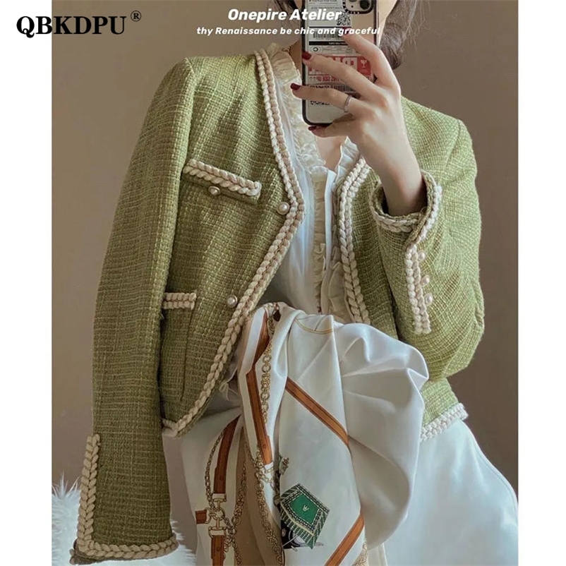 

Women's Wool Blends Spring Mustard Green Cropped Tweed Jacket Women Small Fragrance Vintage Wool Coat Elegant Pearl Button Luxury Outerwear 220826