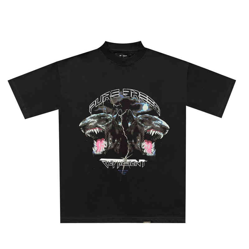 High Represent Quality t shirt Correct Version of Lightning Double Dog Head Short Sleeve T-shirt High Street Damage Design Rep Bull Terrier Tee