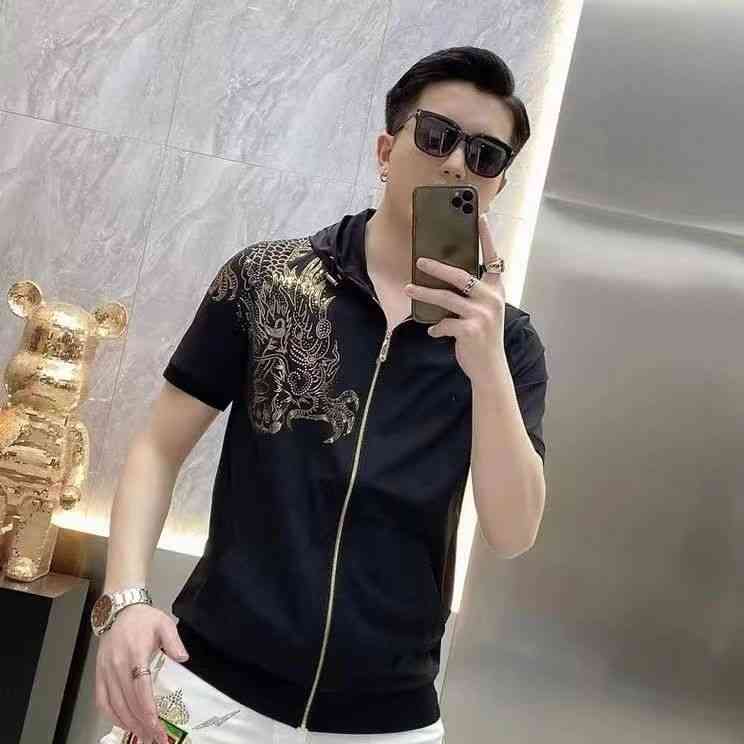 

2022 Summer fashion brand Tiolong gold diamond printing exquisite high-end hooded T-shirt men's fashion personality handsome casual zipper cardigan slim short style, 7043# black