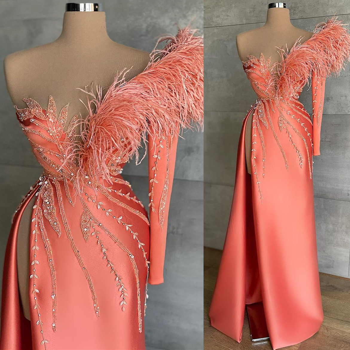 

2022 Plus Size Arabic Aso Ebi Luxurious Sexy Sheath Prom Dresses Beaded Feather Evening Formal Party Second Reception Birthday Engagement Gowns Dress ZJ823, Silver