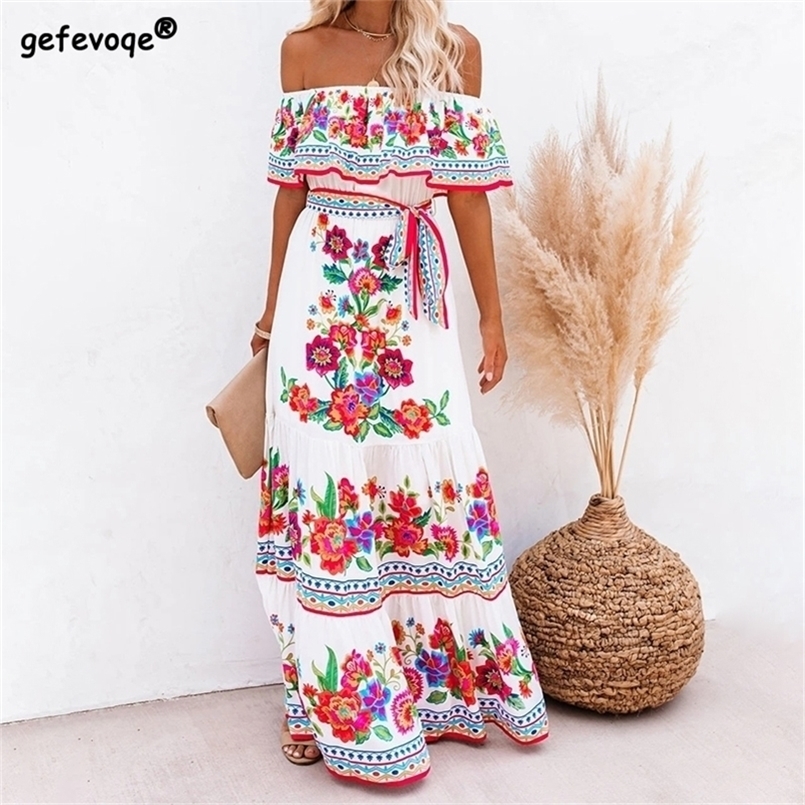 

Summer Print Vintage Long Dresses For Women Sexy OffShoulder Ruffle Fashion Boho Party Maxi Dress Ladies Beach Sundress 220727, White