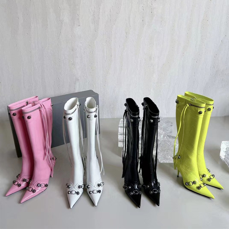 

Cagole genuine leather fringed over-the-knee boots stud buckle trim side zipper point toe stiletto heels high heels women's shoes designer factory footwear with box, 00