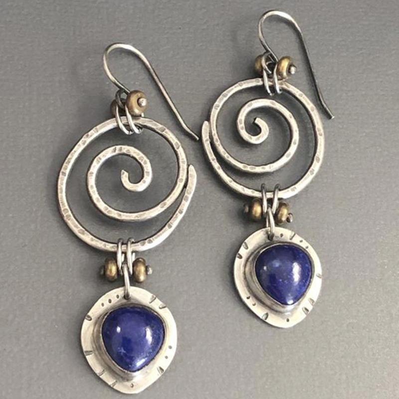 

Dangle & Chandelier Gypsy Water Drop Natural Navy Blue Stone Earrings Women Jewelry Antique Silver Color Big Hollow Round Spiral EarringsDan
