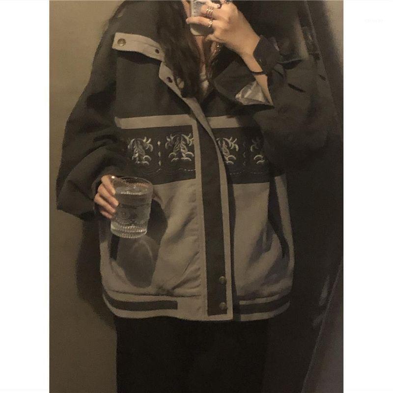 

Women's Jackets Korean Embroidery Vintage Jacket Men Women Hong Kong Style Students Autumn BF Casual Loose Cargo Punk All-match Coats, Gray