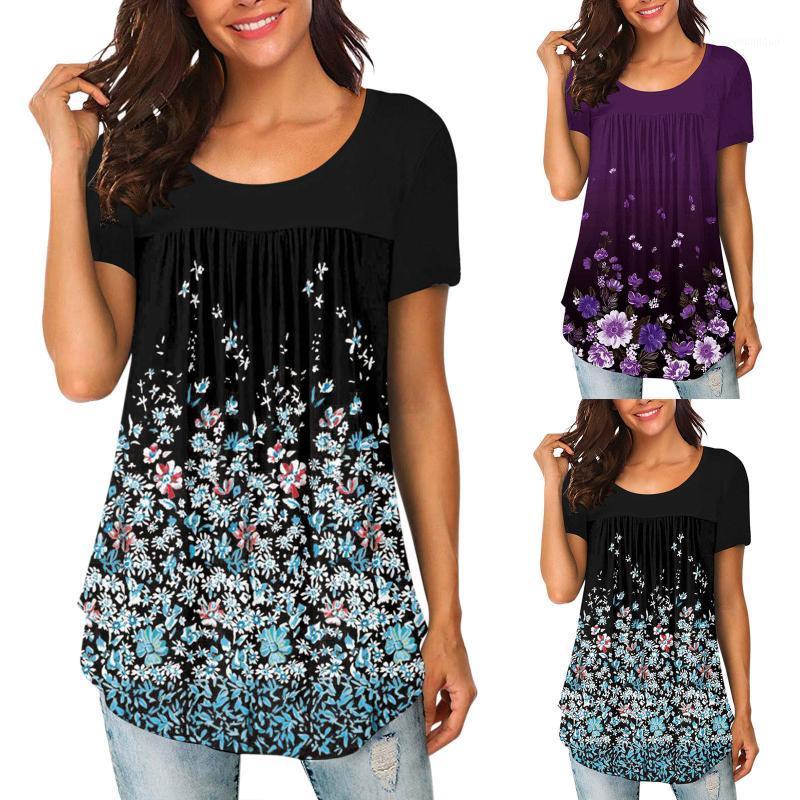 

Women' Blouses & Shirts Casual Blouse Round Neck Pleated Floral Printed Short-sleeved Tops Vintage Boho Tee Blusas Camisas De Mujer 2022, Green