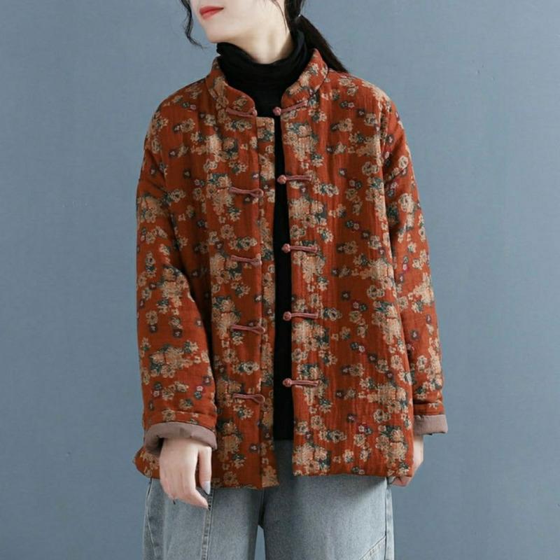 

Ethnic Clothing Printing Tang Suit Padded Jacket Autumn Winter Style Women Short Cotton Linen Coat Long Sleeve Female Traditional ClothesEth
