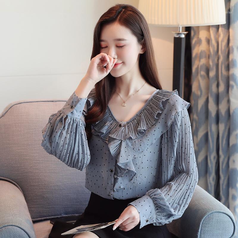 

Women' Blouses & Shirts Spring/autumn Women Loose Casual Long Sleeve V-neck Shirt Ruffles Design Polka Dot Single-breasted Chiffon Blouse A, Blue
