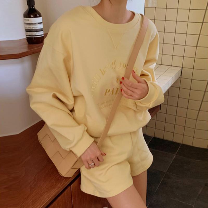 

Women's Tracksuits Autumn Women's Wear Korean Fashion Leisure Loose Crew Neck Pink Solid Color Embroidery Pattern Long Sleeves Shorts To, Blue