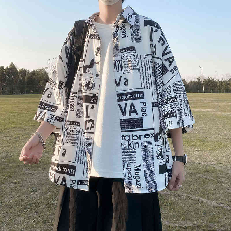 

Tide brand languid lazy wind short sleeve shirt male trend loose seven minutes sleeve ruffian very fairy newspaper shirt summer thin coat, Animation white