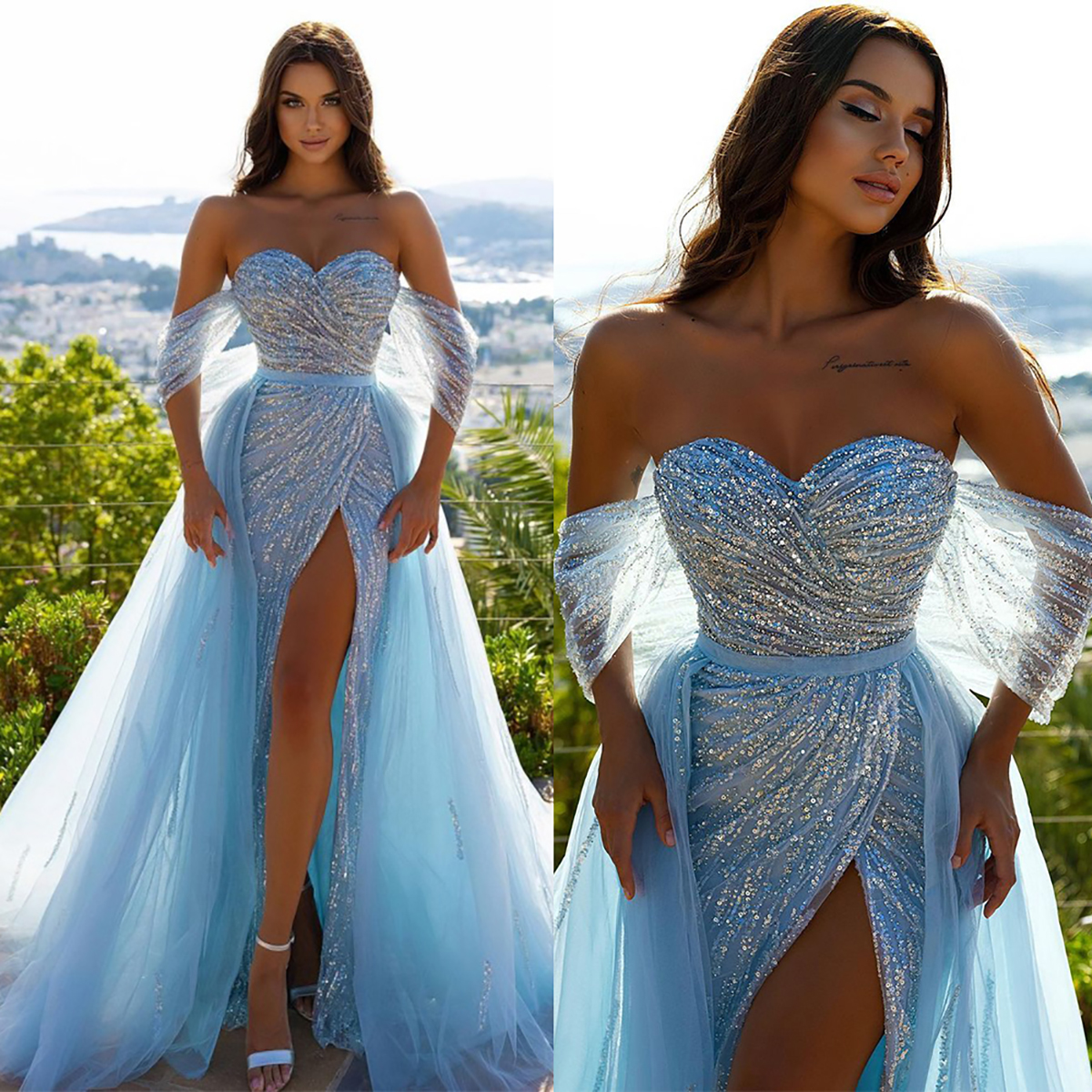 Robes de soirée sirène bleu ciel paillettes scintillantes sexy épaule dénudée robe de bal robe de concours sur mesure avec train détachable