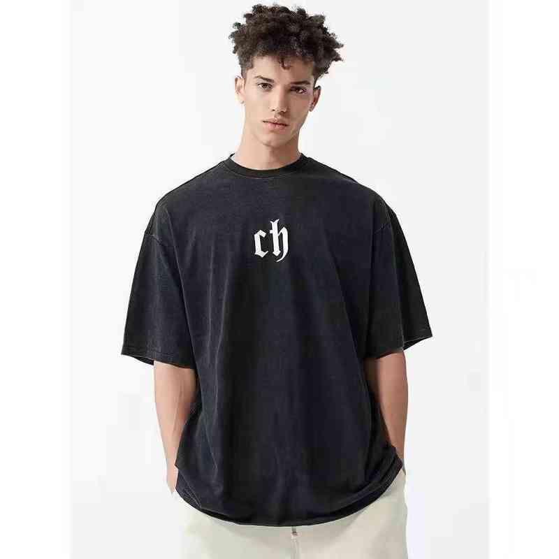 

Factory Online Export New Designer Brand Short Sleeves Ch National Fashion Cotton T-shirt Ordinary Loose Youth Off Shoulder Sleeve Letter Wear Black Casual Men, White