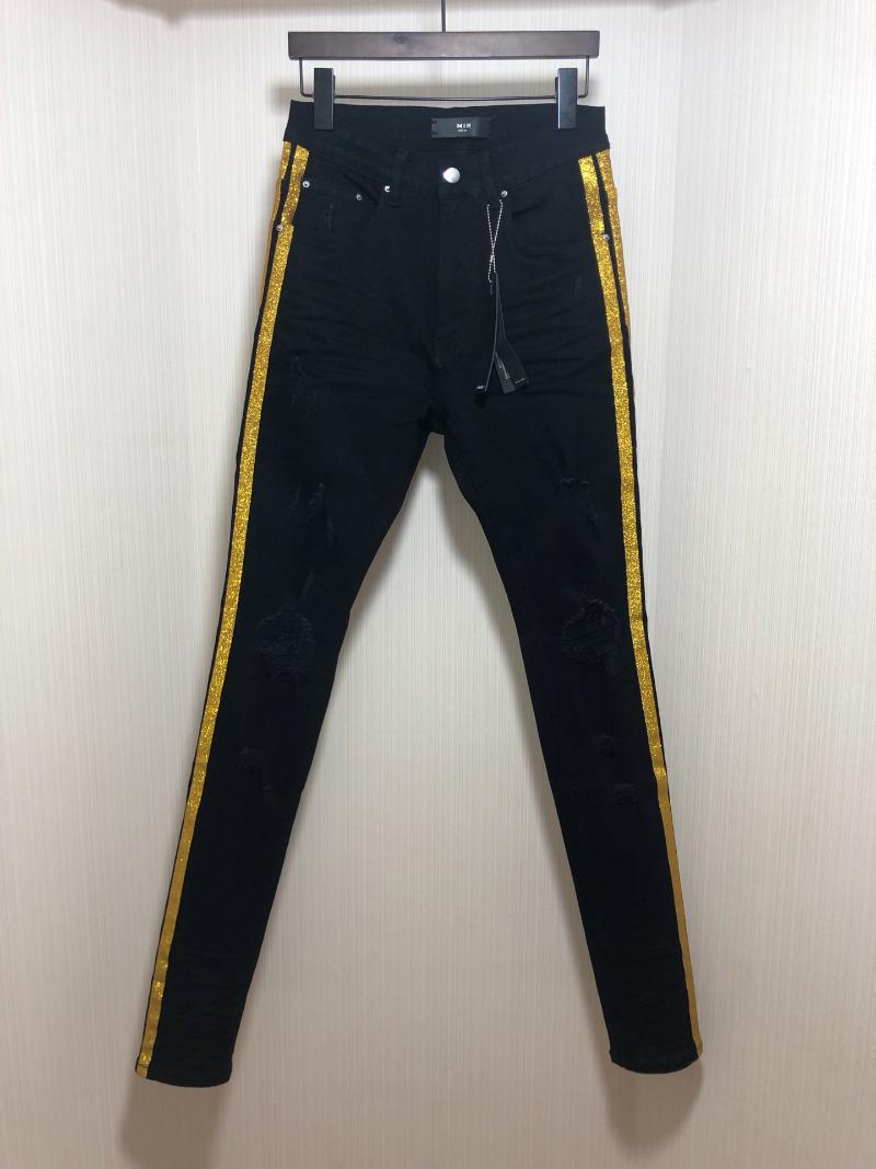 

Men's Jeans Top Quality AMR Side Striped Men Women HipHop Streetwear Gold Powder Bike Black Denim TrousersMen's