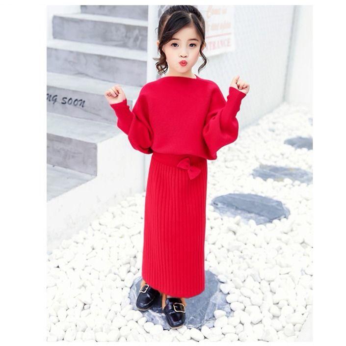 

Clothing Sets 2022 Autumn Winter Baby Girls Knitted Kids Casual Warm Outfits Children Sweater Tops+Skirt 2pcs Suit W522, Red and green