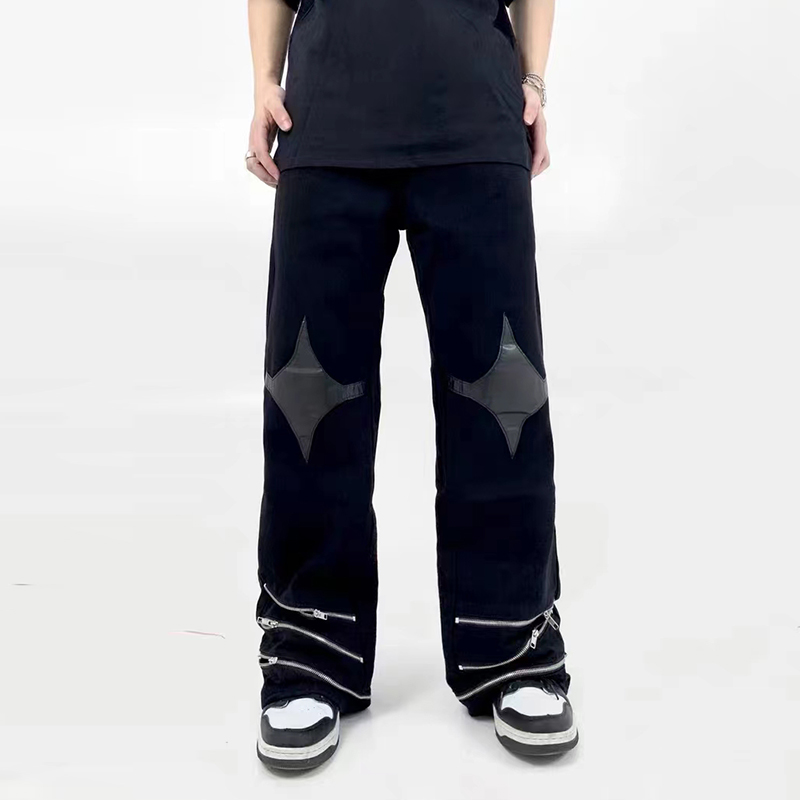 

Zipper Leather Embroidery Black Mens Jeans Trousers High Street Straight Baggy Pants