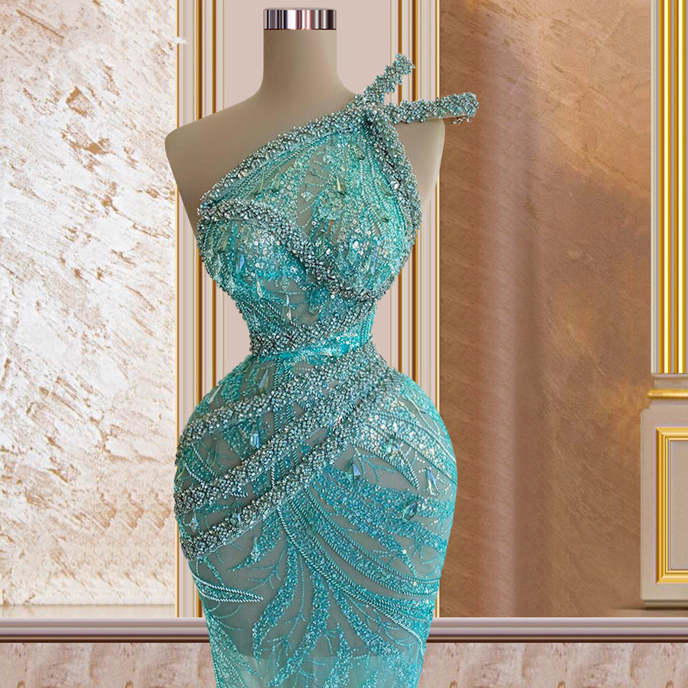 

Mint Green Mermaid Prom Dresses Beaded Sequined Evening Dress Custom Made One Shoulder Sleeveless Graduation Red Carpet Celebrity Party Gown