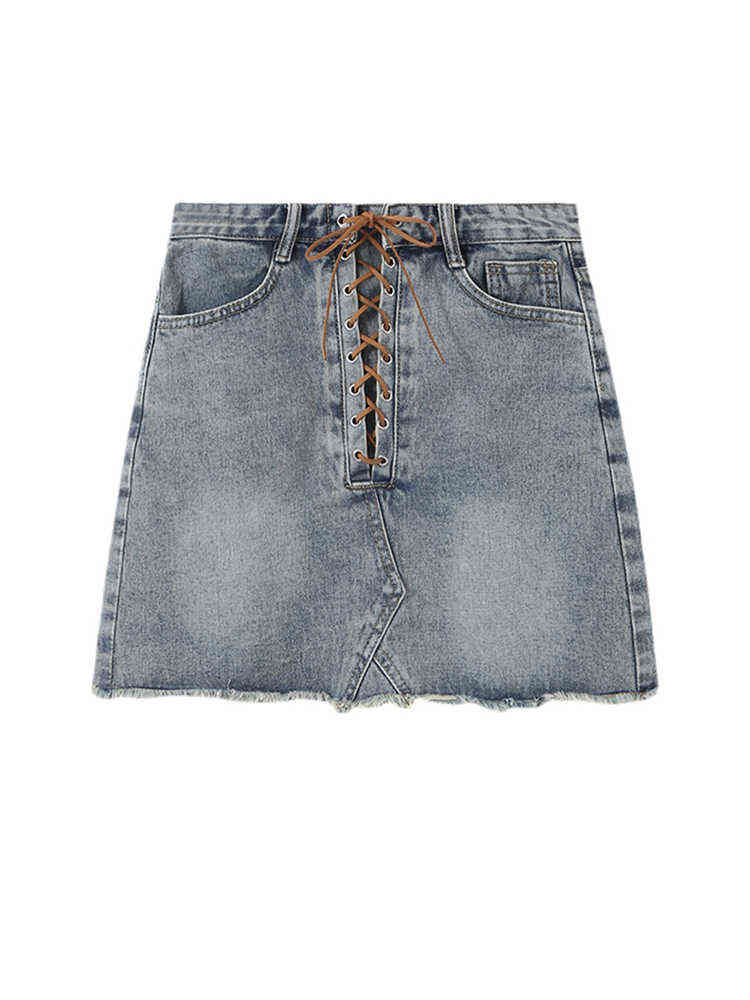 

Woman skirt 2022 New Women Summer Solid Color Drawstring Tie Up Denim Skirt Tassel A-line High Waist Basic Simplicity Vintage Jean Skirts T220819, Black