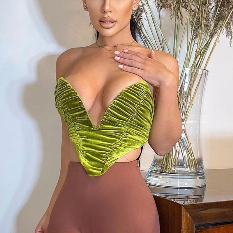 

Women' Tanks & Camis Y2K Women Push Up Bustier Solid Color V-neck Sleeveless Backless Slim Fit Crop Tops Summer Pleated Tube Top Fairycore, Green