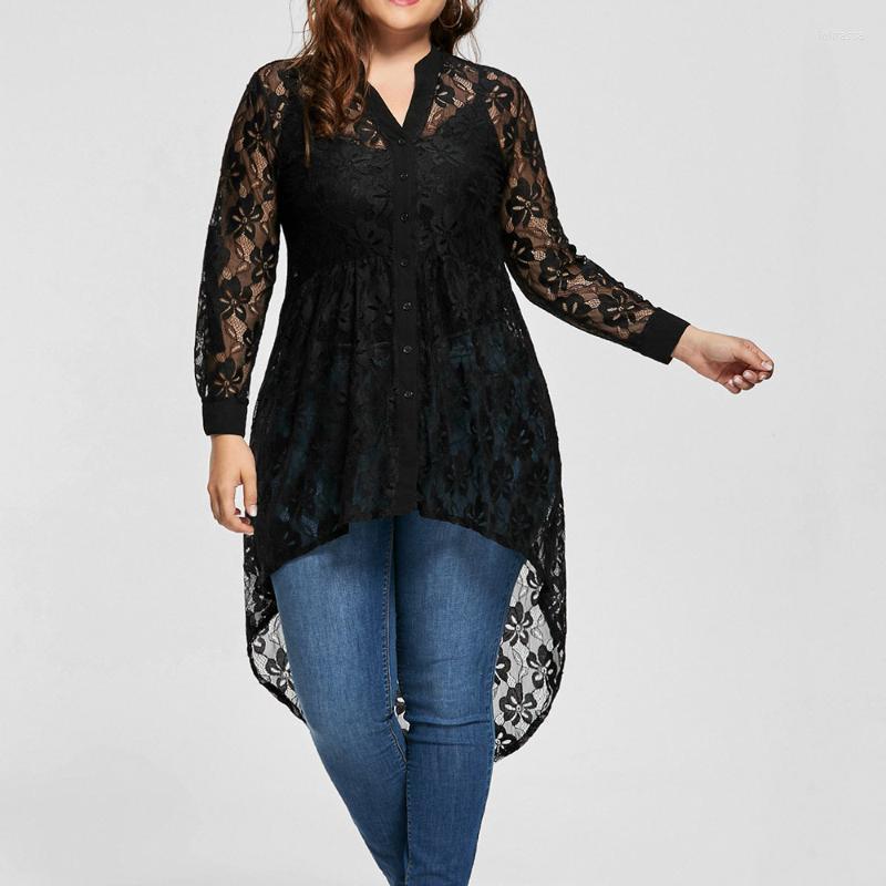 

Women's Plus Size T-Shirt Elegant Lace Tops Women Ladies Blouse Long Sleeve Shirt Perspective Button Up Female Large Womens Clothing Loli22, Black