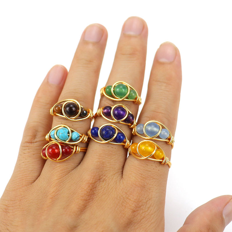 

Natural Crystal Stone Adjustable Gold Silver Plated Beaded Band Rings For Women Girl Party Club Decor Fashion Jewelry