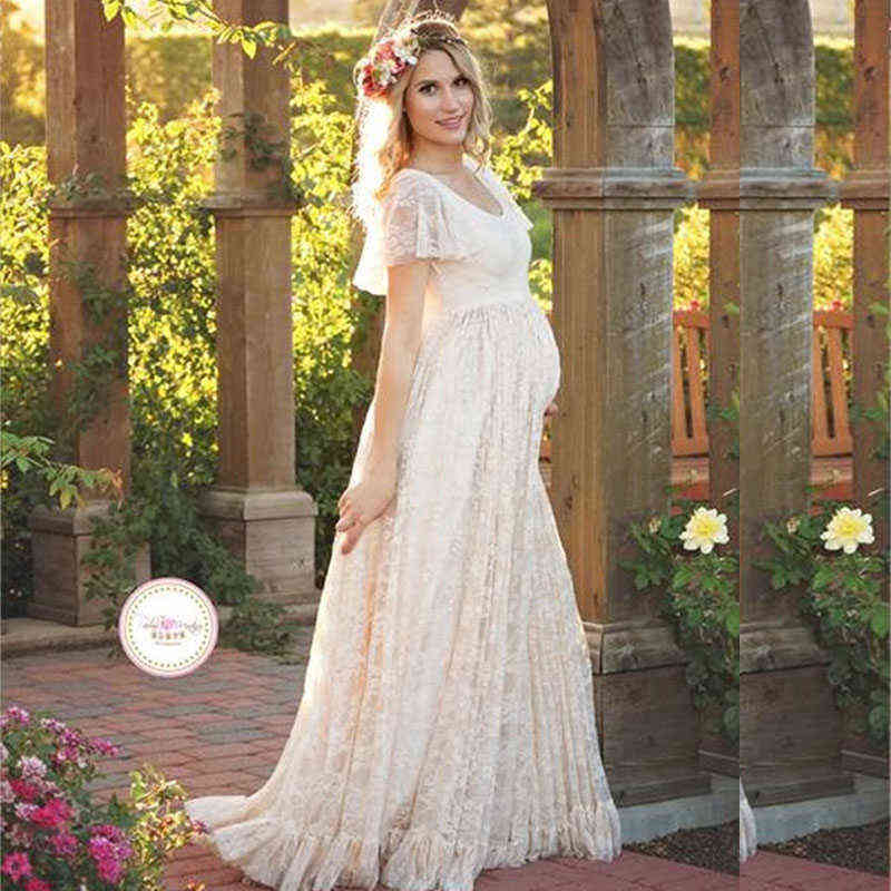 

Plus Size Maternity Dress for Photo Shoot Pregnant Women's Lace Photography Dress Ruffled Short-sleeved One-piece Lady Dresses G220418, As photo