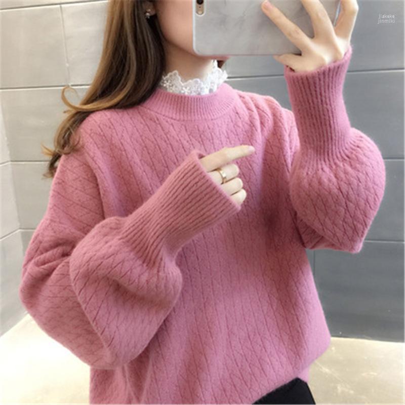 Women's Sweaters Korean Fashion Lantern Sleeve Casual Solid Color Pullover Pull Femme White Mohair Thicken Turtleneck Sweater Autumn Winter