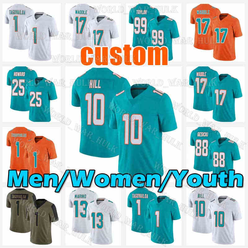

10 Tyreek Hill Football Jersey 1 Tua Tagovailoa 17 Jaylen Waddle 5 Teddy Bridgewater Dan Marino Mike Gesicki Jevon Holland Sony Michel Xavien Howard Raheem Mostert 31, Men custom (h t)