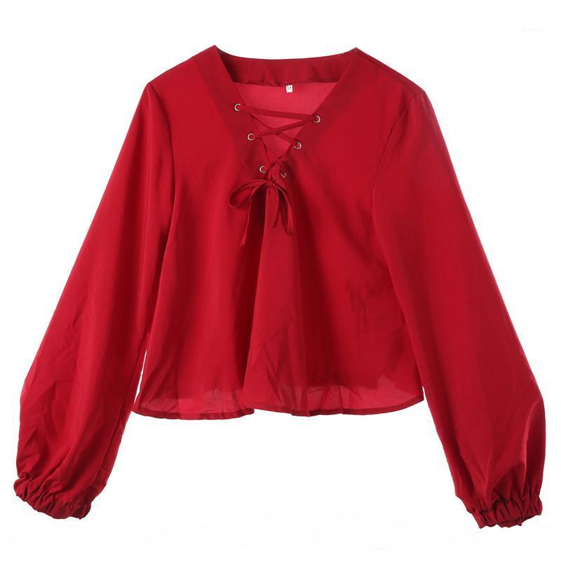 

Blouse 2022 Fashion Women Ladies Summer Solid Clothes Casual Bandage Long Sleeve Crop Top Holiday Deep V Sexy Selling Women' Blouses & Shir, Black